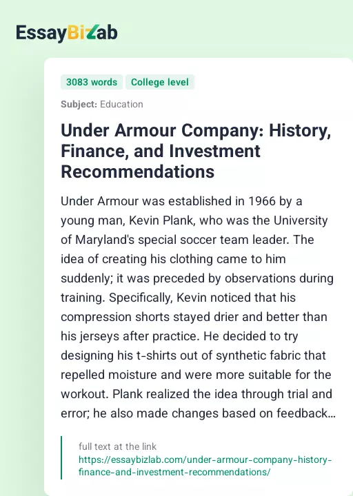Under Armour Company: History, Finance, and Investment Recommendations - Essay Preview
