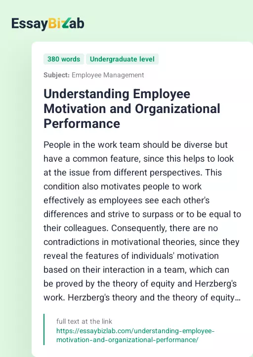 Understanding Employee Motivation and Organizational Performance - Essay Preview