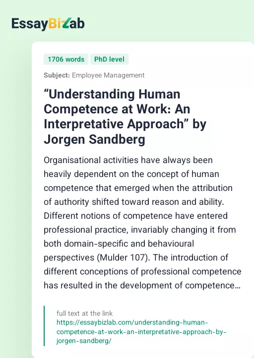 “Understanding Human Competence at Work: An Interpretative Approach” by Jorgen Sandberg - Essay Preview