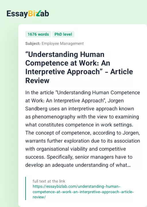 “Understanding Human Competence at Work: An Interpretive Approach” - Article Review - Essay Preview