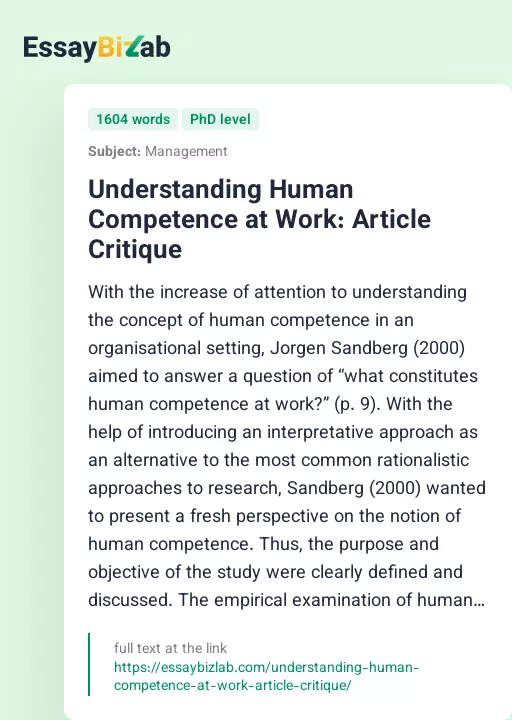 Understanding Human Competence at Work: Article Critique - Essay Preview