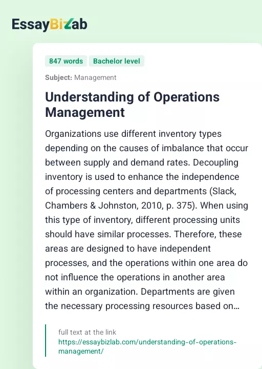Understanding of Operations Management - Essay Preview