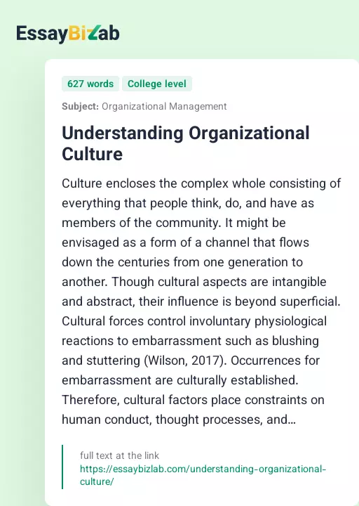 Understanding Organizational Culture - Essay Preview