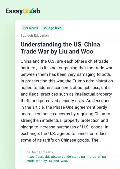 Understanding the US-China Trade War by Liu and Woo - Essay Preview