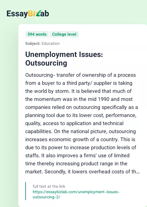 Unemployment Issues: Outsourcing - Essay Preview