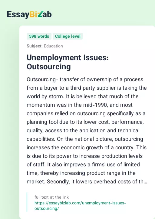 Unemployment Issues: Outsourcing - Essay Preview