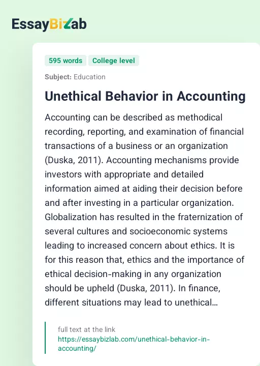 Unethical Behavior in Accounting - Essay Preview
