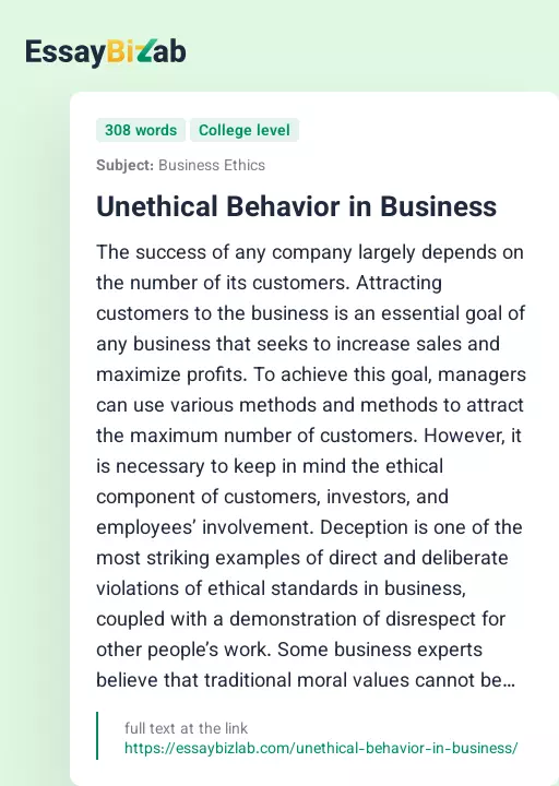 Unethical Behavior in Business - Essay Preview