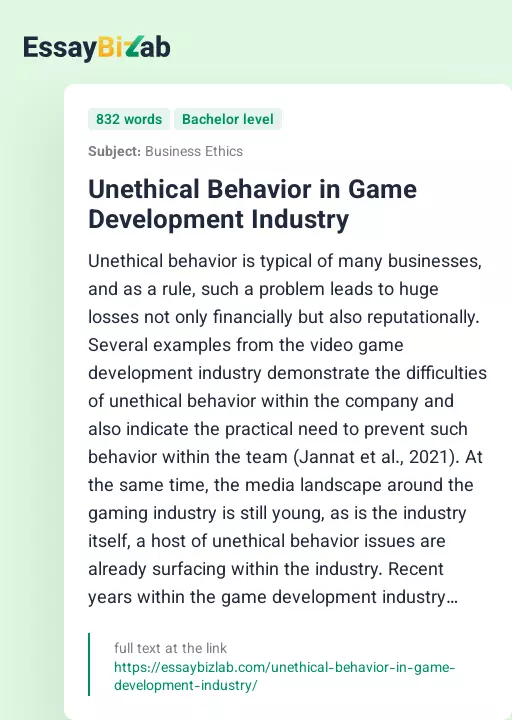 Unethical Behavior in Game Development Industry - Essay Preview