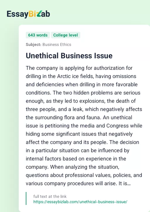 Unethical Business Issue - Essay Preview
