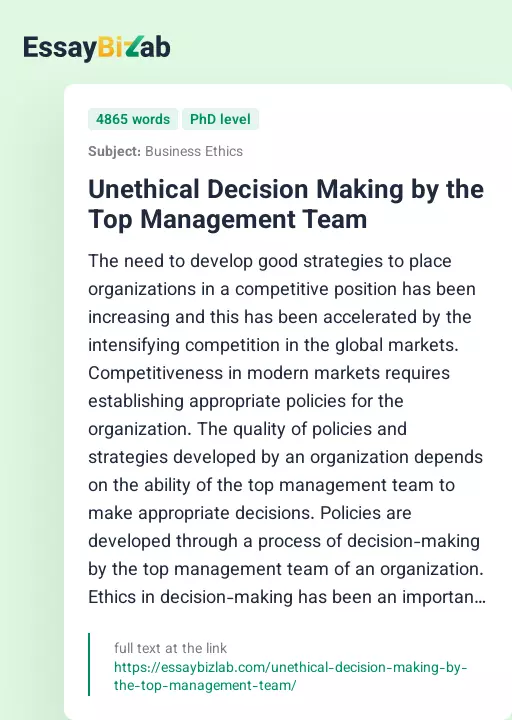 Unethical Decision Making by the Top Management Team - Essay Preview