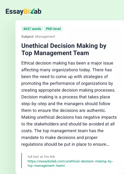 Unethical Decision Making by Top Management Team - Essay Preview