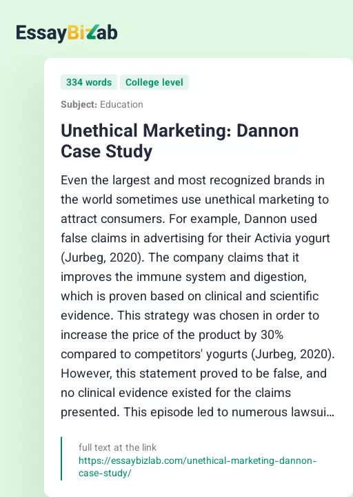 Unethical Marketing: Dannon Case Study - Essay Preview