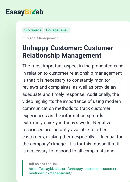 Unhappy Customer: Customer Relationship Management - Essay Preview