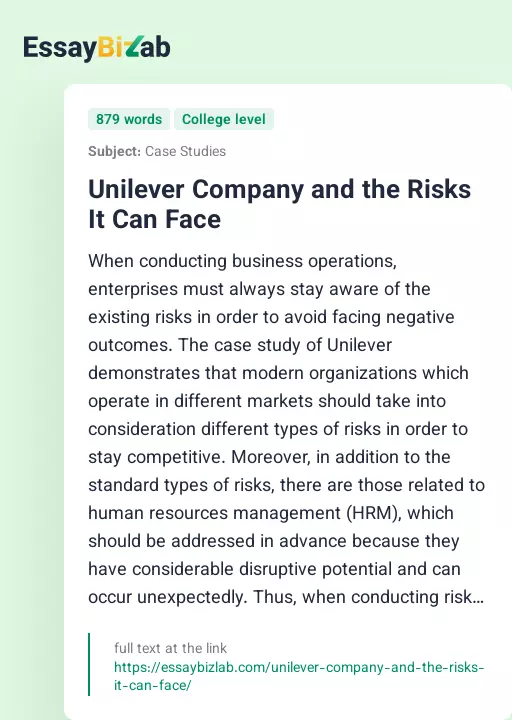 Unilever Company and the Risks It Can Face - Essay Preview