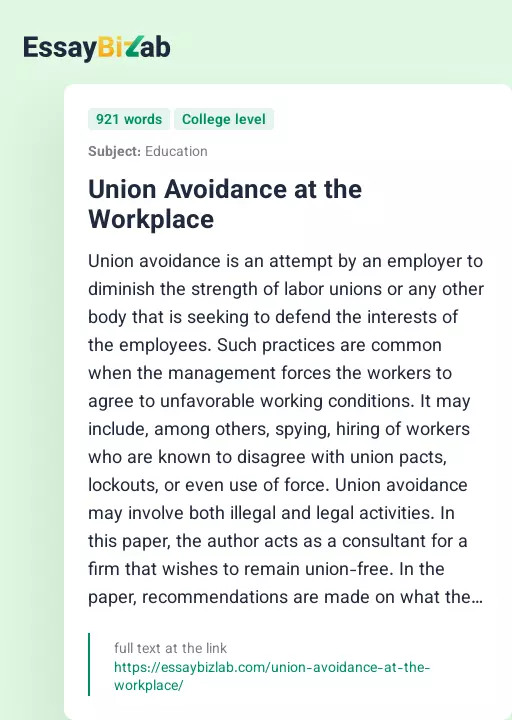Union Avoidance at the Workplace - Essay Preview