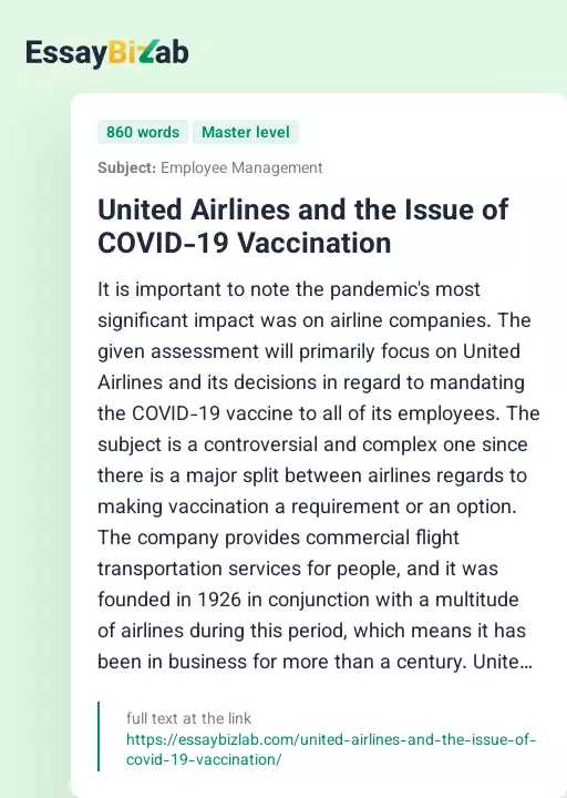 United Airlines and the Issue of COVID-19 Vaccination - Essay Preview