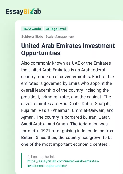 United Arab Emirates Investment Opportunities - Essay Preview