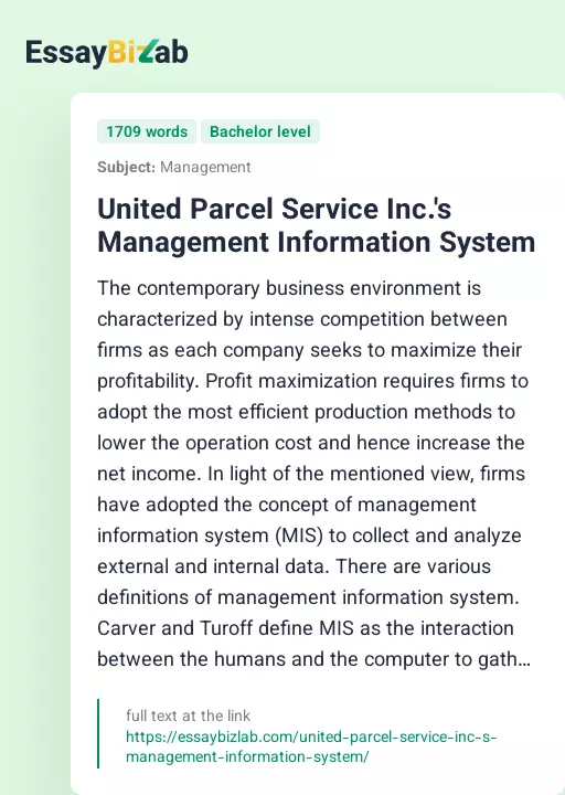 United Parcel Service Inc.'s Management Information System - Essay Preview
