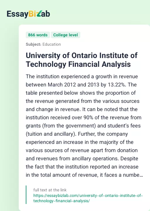 University of Ontario Institute of Technology Financial Analysis - Essay Preview