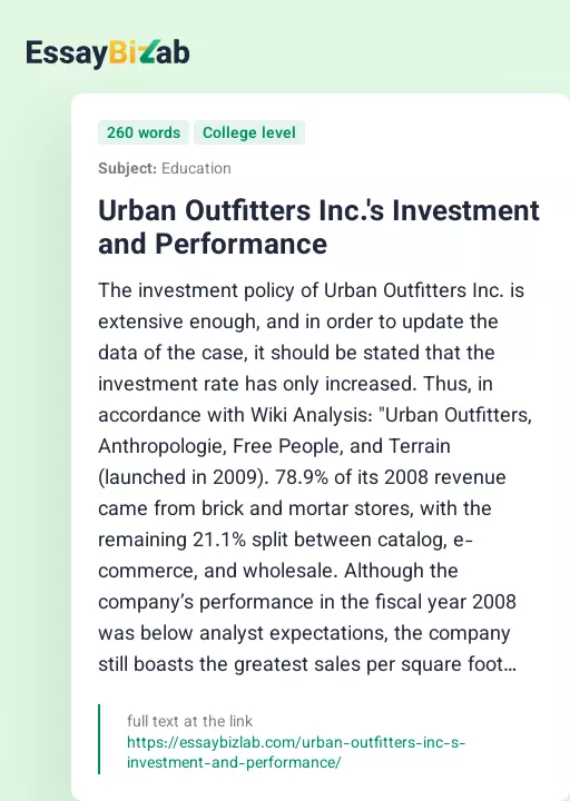 Urban Outfitters Inc.'s Investment and Performance - Essay Preview