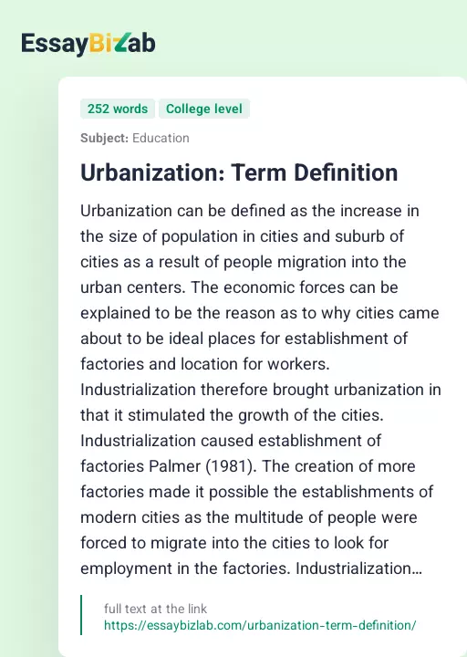 Urbanization: Term Definition - Essay Preview