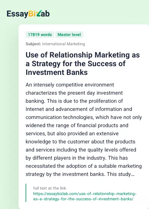 Use of Relationship Marketing as a Strategy for the Success of Investment Banks - Essay Preview