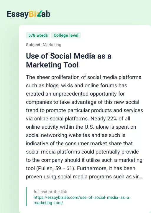 Use of Social Media as a Marketing Tool - Essay Preview