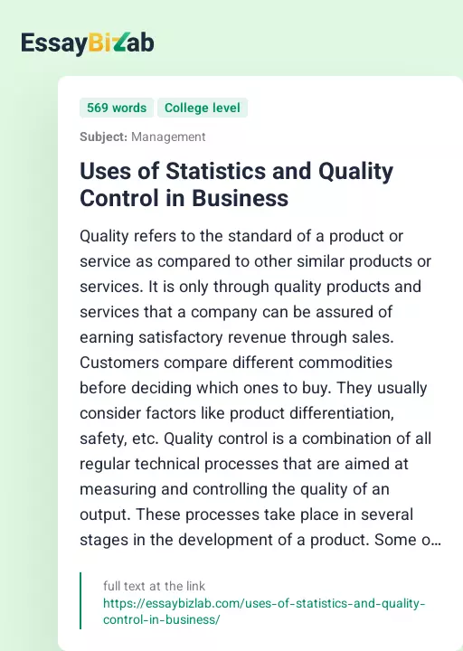 Uses of Statistics and Quality Control in Business - Essay Preview