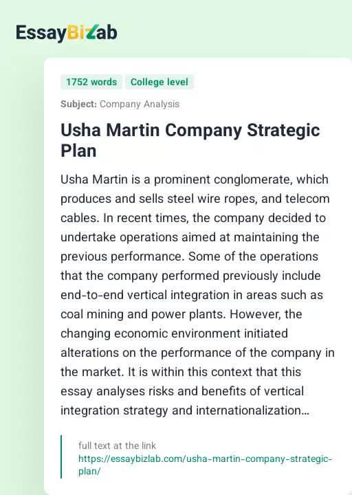 Usha Martin Company Strategic Plan - Essay Preview