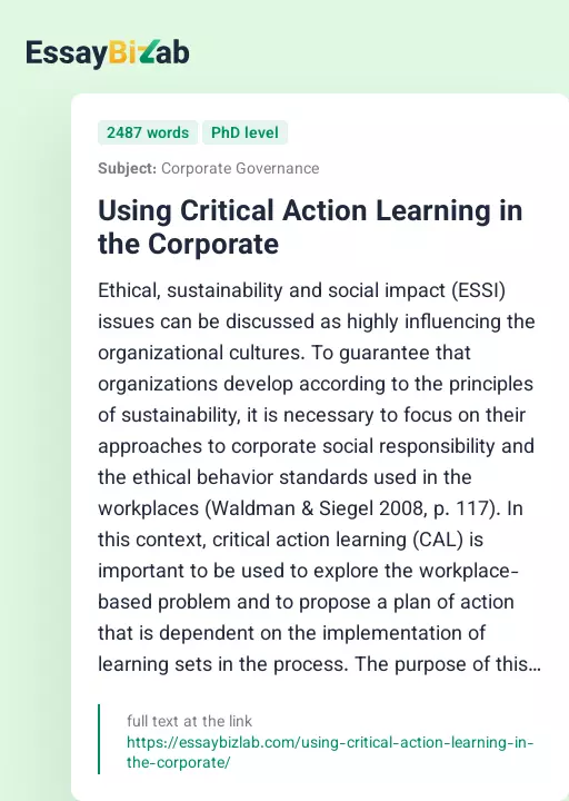 Using Critical Action Learning in the Corporate - Essay Preview