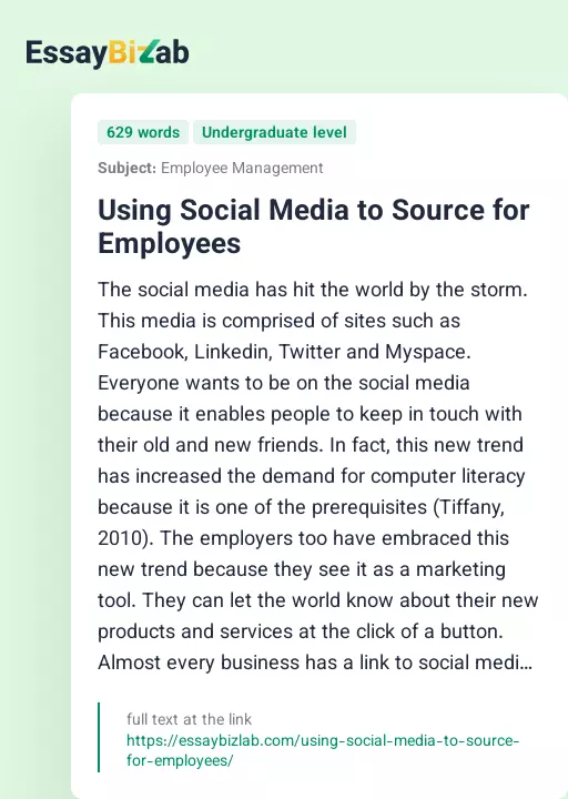 Using Social Media to Source for Employees - Essay Preview