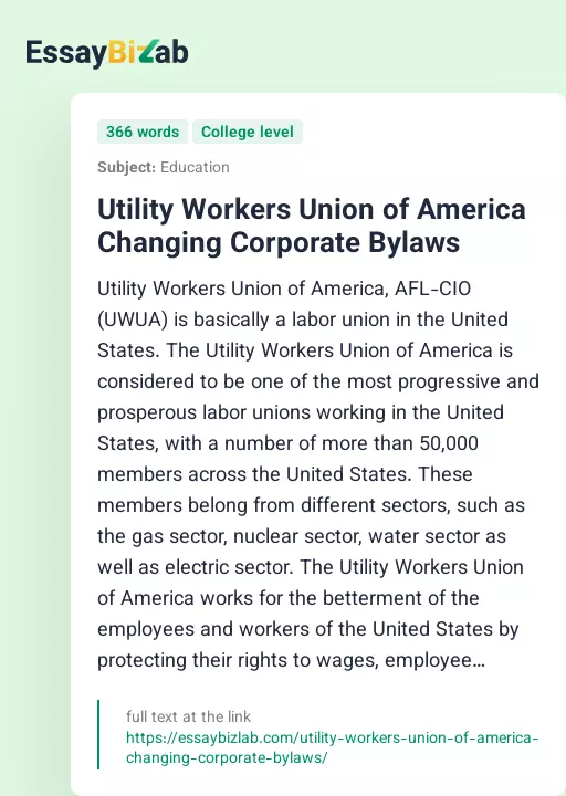Utility Workers Union of America Changing Corporate Bylaws - Essay Preview