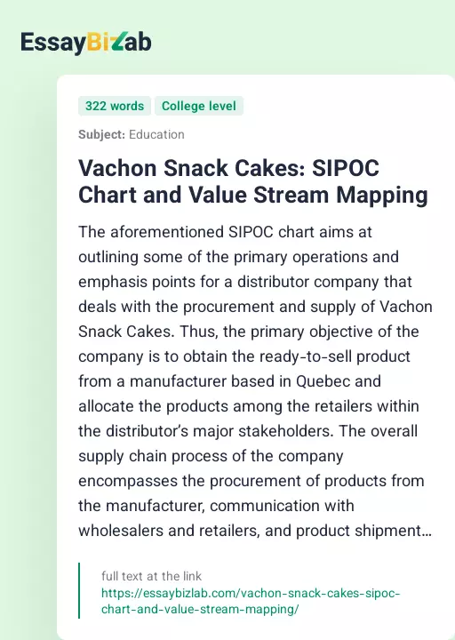 Vachon Snack Cakes: SIPOC Chart and Value Stream Mapping - Essay Preview