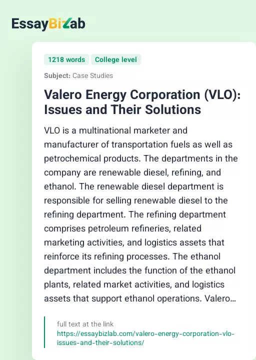 Valero Energy Corporation (VLO): Issues and Their Solutions - Essay Preview