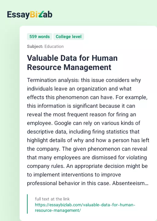 Valuable Data for Human Resource Management - Essay Preview