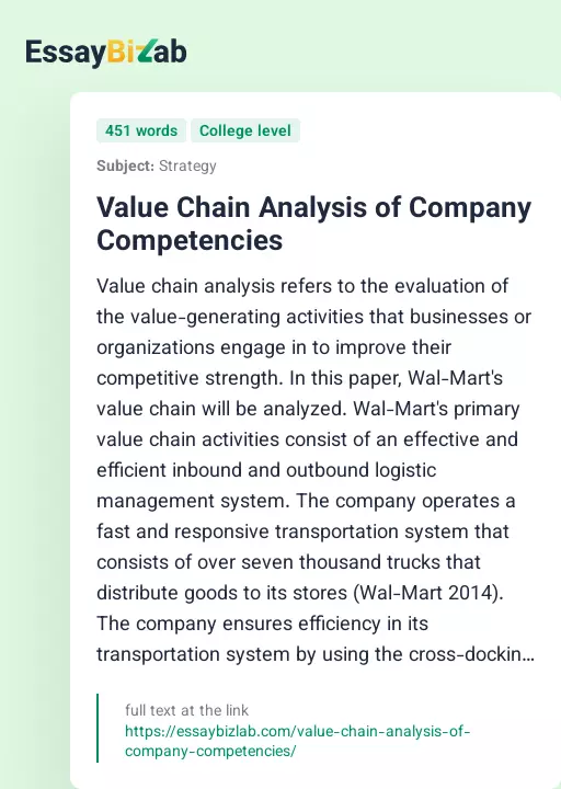 Value Chain Analysis of Company Competencies - Essay Preview