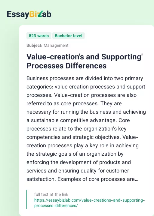 Value-creation's and Supporting' Processes Differences - Essay Preview