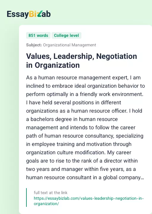 Values, Leadership, Negotiation in Organization - Essay Preview