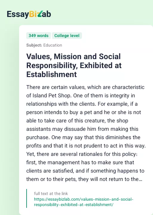 Values, Mission and Social Responsibility, Exhibited at Establishment - Essay Preview