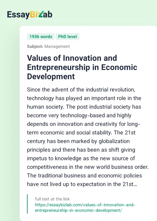 Values of Innovation and Entrepreneurship in Economic Development - Essay Preview