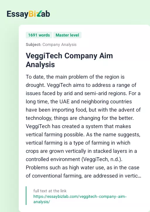 VeggiTech Company Aim Analysis - Essay Preview