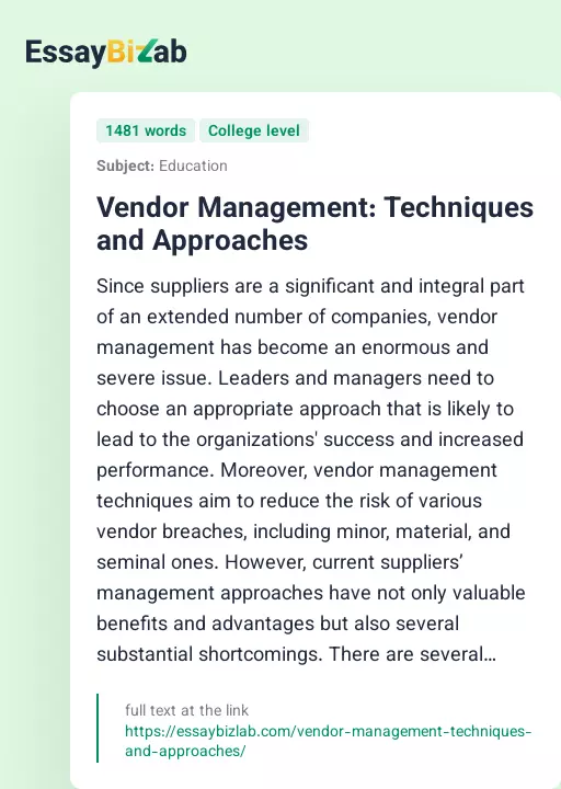 Vendor Management: Techniques and Approaches - Essay Preview