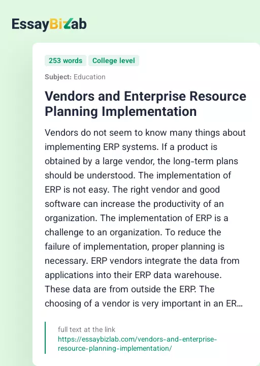 Vendors and Enterprise Resource Planning Implementation - Essay Preview