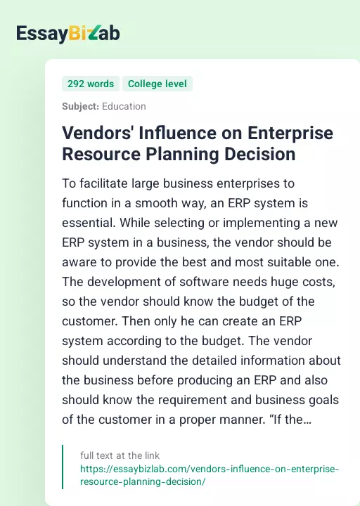 Vendors' Influence on Enterprise Resource Planning Decision - Essay Preview
