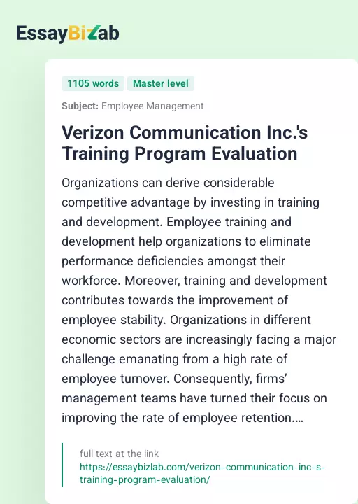 Verizon Communication Inc.'s Training Program Evaluation - Essay Preview