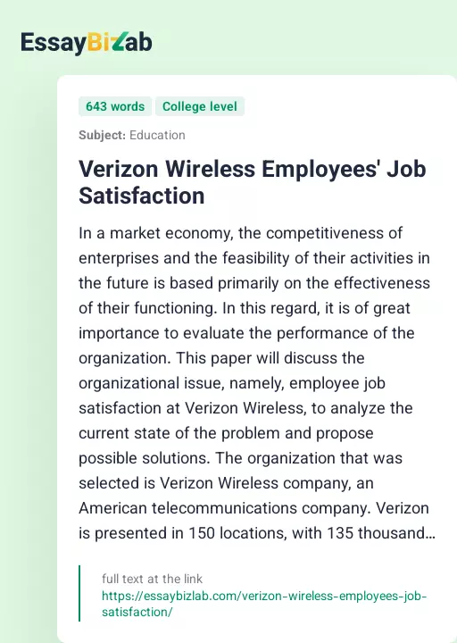 Verizon Wireless Employees' Job Satisfaction - Essay Preview