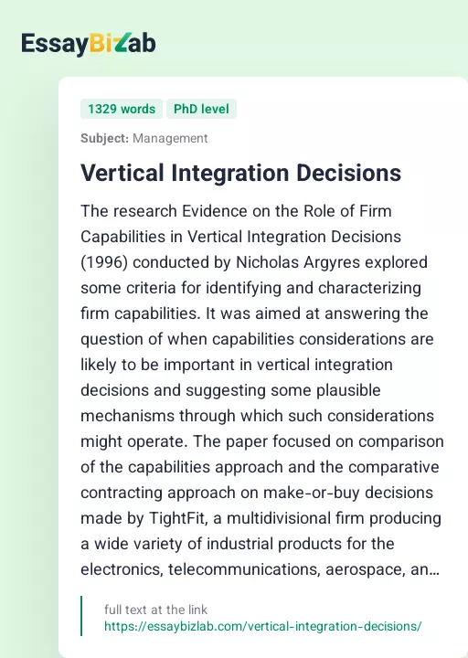 Vertical Integration Decisions - Essay Preview