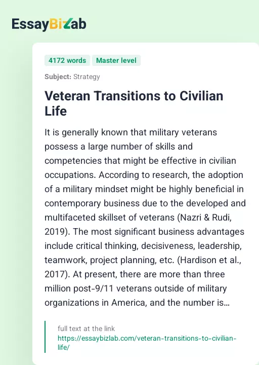 Veteran Transitions to Civilian Life - Essay Preview
