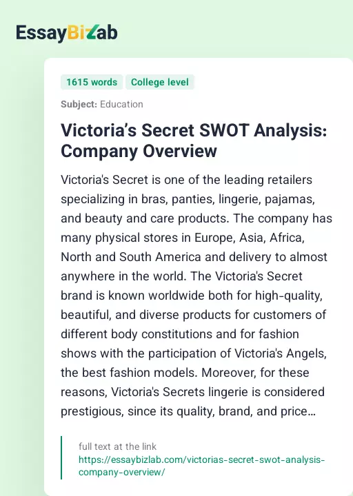 Victoria’s Secret SWOT Analysis: Company Overview - Essay Preview